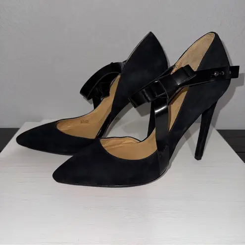 L.A.M.B. Nadeen Stiletto Pumps Black Suede Heels Adjustable Ankle Strap Size 10M