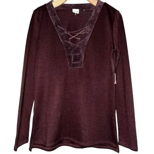 Ecru Women’s Size S Deep Burgundy Wine Ribbed Knit Lace Up V-Neck Top Sweater