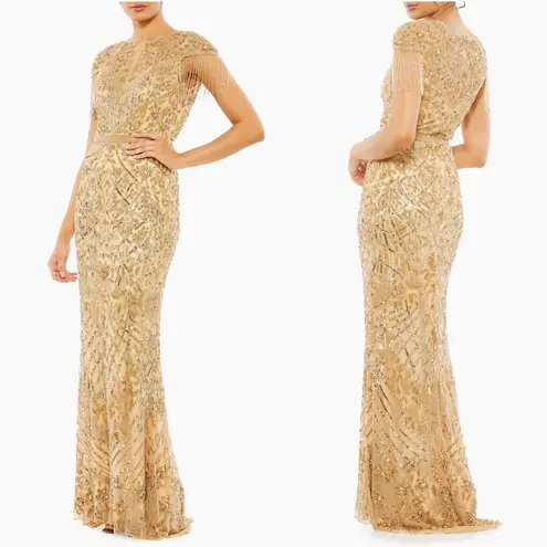 Mac Duggal 4715 Size 4 Embellished Fringe Cap Sleeve Trumpet Gown, Light Gold