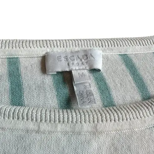 Escada Sport Teal White Stripe Sweater Stretch Cropped Sleeves Cotton Medium Blue