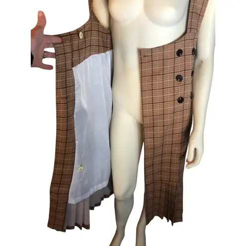 Vintage Min Woo Style Plaid Jumper Wrap Dress Brown Check Midi Pleated Medium