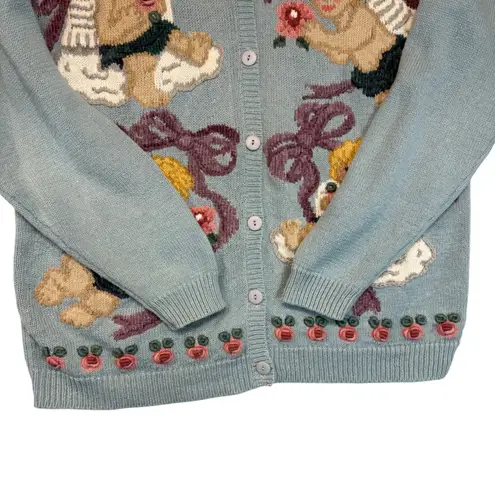 Vintage Northern Isles Hand Embroidered Angels Cardigan Sweater Cottagecore XL Blue