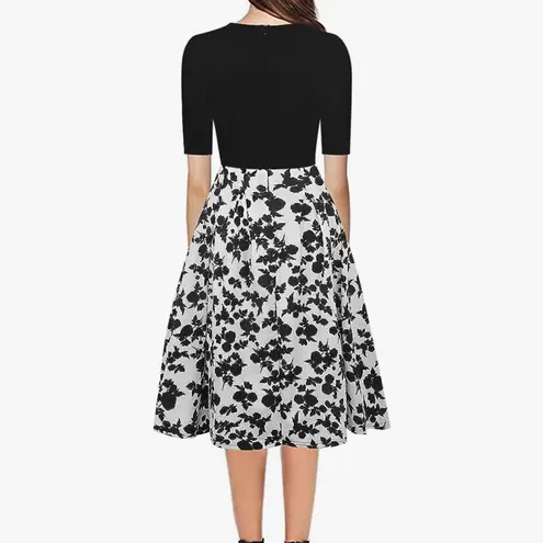 NWT Women's Casual Party Dress Pockets Puffy Swing Black & White MSRP $51 Size L