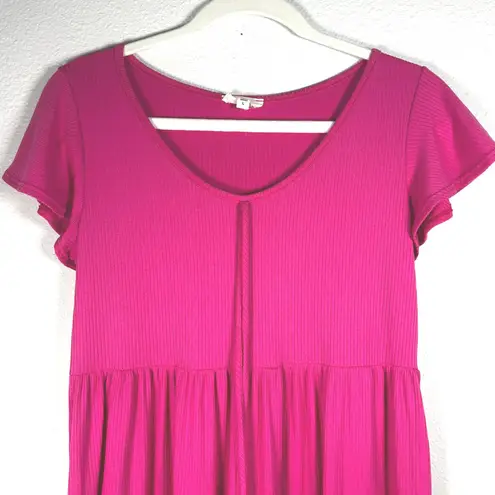 See You Monday  Pink Ribbed Tiered Midi Dress Short Sleeve Casual‎ Cute Large