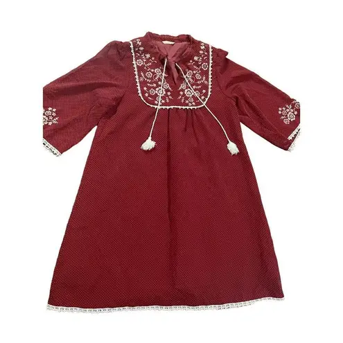 On the Couch Wine red micro polka dot boho embroidered dress sz M boho Size M