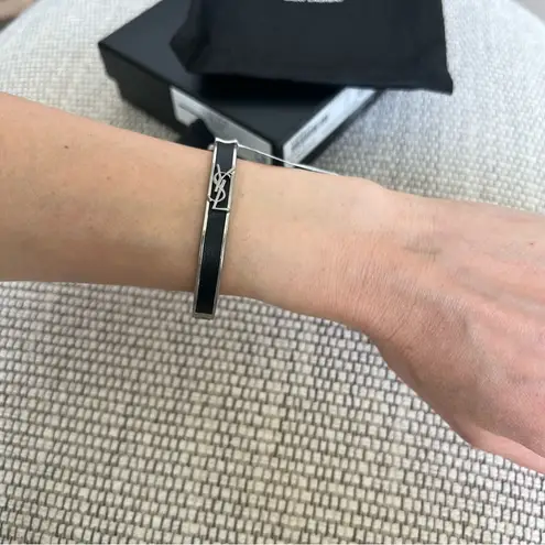 Saint Laurent NWT YSL Cassandre Logo-Plaque Enamel Bracelet Leather Silver Metal