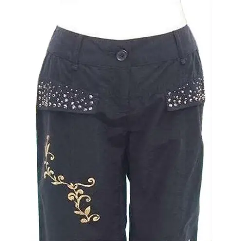 Cache Black Zen Rhinestone Pockets Gold Metallic Design Crop Pant New $138 NWT Size 4