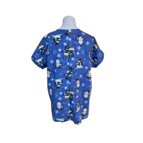 JIJ Scrubs Blue Snowman Snowflake Scrub Medical Top LARGE Wintertime Snow