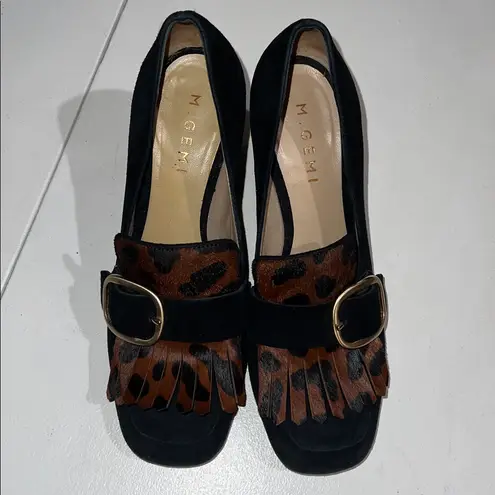 M. Gemi Lettura Block Heel buckled Fringe Loafer size 37 made in Italy leopard Black