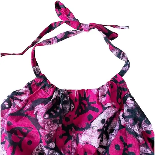 Halter Top Batik Print Sleeveless Tie Neck Casual Summer Top Hippie Boho Granola Pink Size M