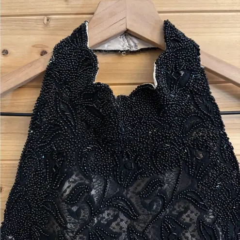 Vintage Stenay Size Small Beaded High Halter Scalloped Neckline Fancy Prom Gown Black