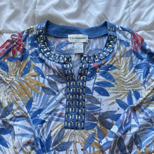 Cathy Daniels CD Womens Size Small Blue Studded Jeweled Blouse 3/4 Sleeve V Neck
