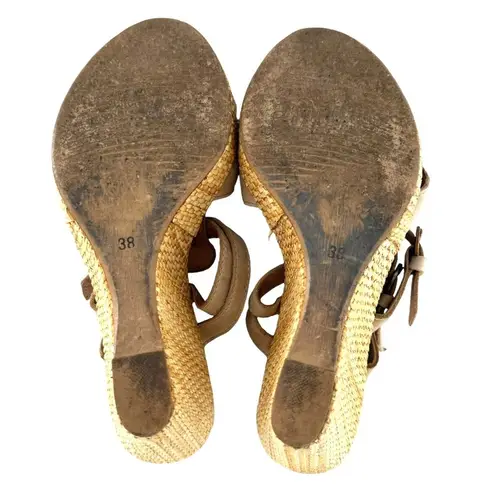 Sundance Beige Leather Open Toe Woven Wedge Heel Slides Size 38 Sandals Tan