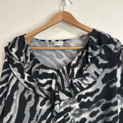 kim rogers Black/Gray 3/4 Sleeve Zebra Print Ruffled Neck Stretchy Top Blouse 2X