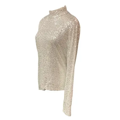 Elodie Women's Mock Neck Long Sleeve Sequined Lined Blouse Top Silver Size XL