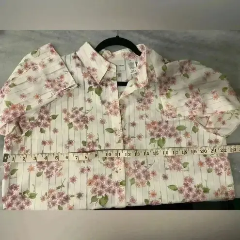 Alfred Dunner Floral Striped 3/4 Sleeve Collared Button Down Semi Sheer Size 14