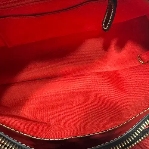 Eric Javits New York Black Patent Leather Satchel Bag with Gold Hardware & Red