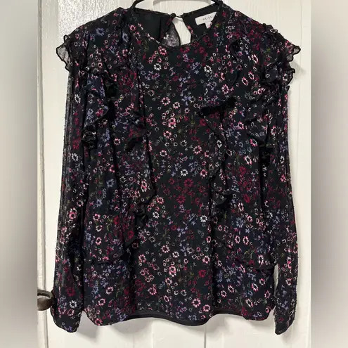 Reiss Fazia India Black Ruffle Floral Long sleeve Blouse size 8