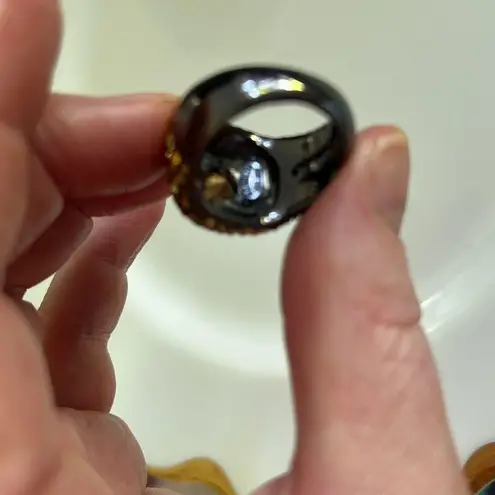 Kenneth Jay Lane Smoky Gray Metal & Amber Rhinestone Ring sz 7/7.5 Orange