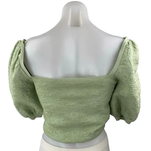 ZARA  Light Green Jacquard Knit Short Puff Sleeve Square Neck Crop Blouse Top S