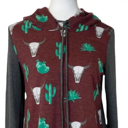 12PM by Mon Ami Cactus Western Pullover Hoodie Gray Burgundy Green Size Large