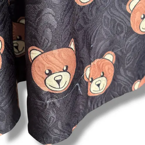 Saferin Teddy Bear Print Black Jacquard Pleated Midi Skirt Kawaii Harajuku Retro Size M