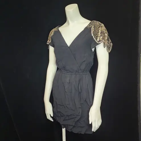 Kendall + Kylie  Black Faux Wrap Beaded Shoulder Dress (S)
