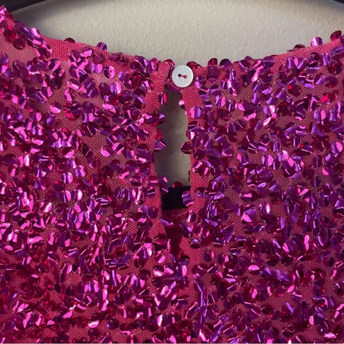 GeeGee Sequin Hot Pink Long Sleeve Crop Top Mesh Lined Medium Stretch Women New