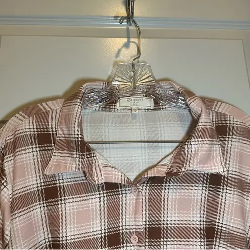 No Comment  Pink/Brown Plaid 3/4 Roll Tab Sleeve Button Up 1X