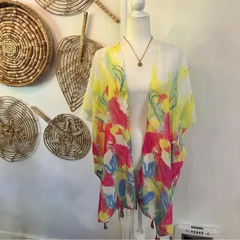 Vintage Y2K Bright Floral Kimono Wrap Tassel Hem Festival Beach Boho OS Red Size 1X