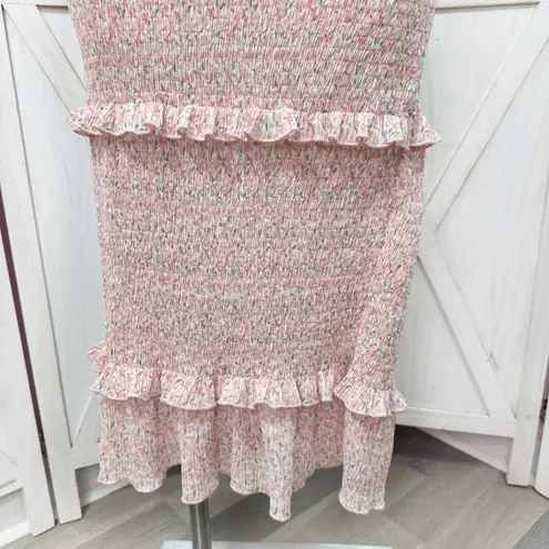 Mabel Daphne Ditsy Flower Ruffe Trim Smocked Midi Long Tube Dress Pink Large