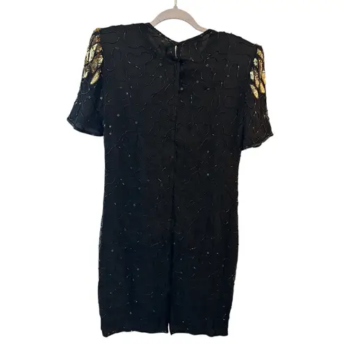 Sequin Dress Black/Gold Silk Beads Small V