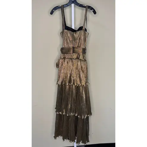 Mac Duggal NWT Ruffle Tiered Buckle Detail Dress in Antique Gold Size 4