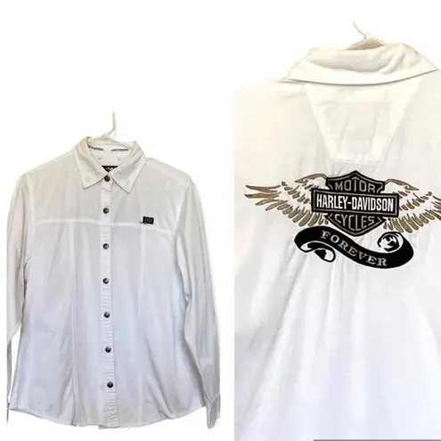 Harley Davidson  vintage white denim  Forever logo snap front long sleeve shirt M