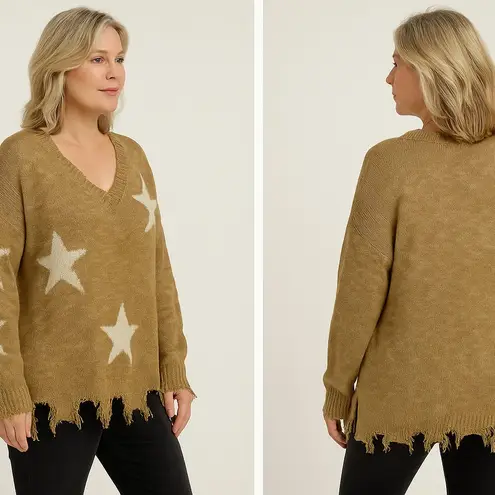 Adora Boutique Oversized Distressed Star Sweater – Size L Gold Size L