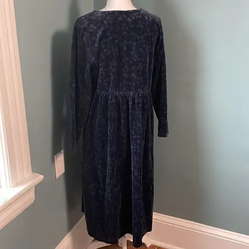 L.L.Bean  Vintage Long Sleeve Velour Floral Navy Blue Dress