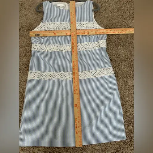 London Times Blue & White Seersucker Sheath Midi Dress Sleeveless, Size 14.