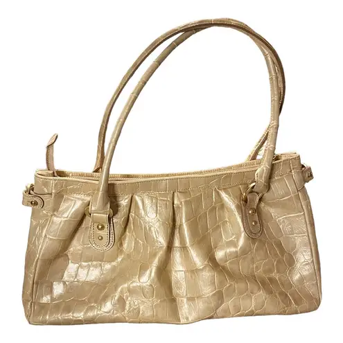 Brahmin Croc Embossed Leather Satchel Dual Handle Zipper Closure Cream Handbag