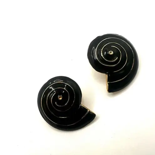 black and gold tone snail enamel earrings