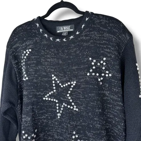 SK Wear By SK & Company Wool Star Moon Embellished Shoulder Pad Vintage Sweater Black