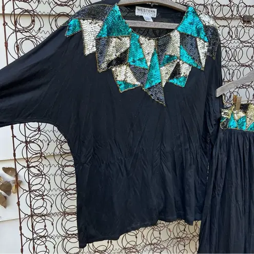 Vintage 80s Western Connection Blue Sequin Geometric Blouse Skirt Set MEDIUM Black