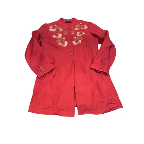 Dialogue Jacket Womens Embroidered Flower Linen Asian Country Longline Red