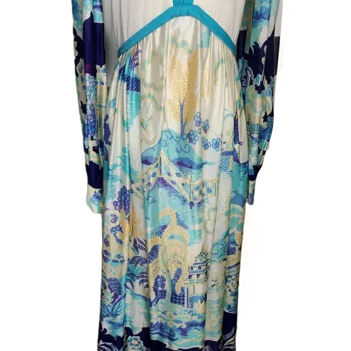 Vtg Future Couture New York Hostess Maxi Dress Asian Garden Scene 60s 70s Blue