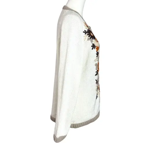 Vintage 70s Folk Art Cottage Cathy Embroidered Floral Cardigan Sweater Large White