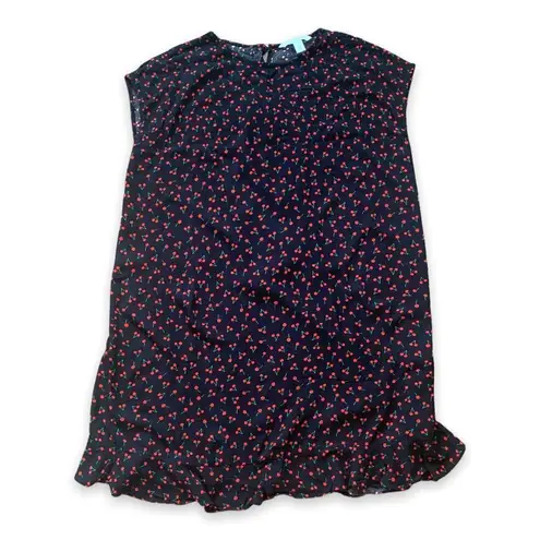 Popsugar  Dress Black Mini Cherry Fruit Print Ruffle Hem Cap Sleeves Open Back