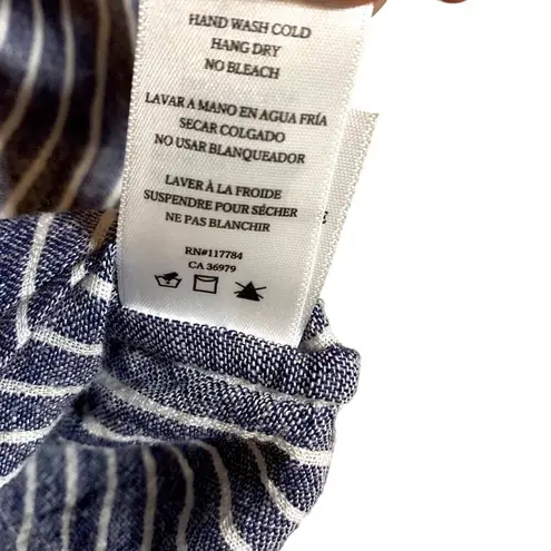 Rails Sloan Linen Blend Striped Tie Waist Crop Long Sleeve Top Blue White Medium