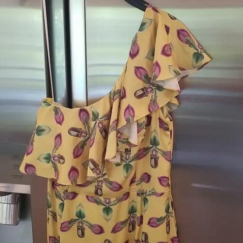 💕PATBO💕 One Shoulder Tiered Ruffle Midi Dress ~ Bright Yellow Print 8 NWT