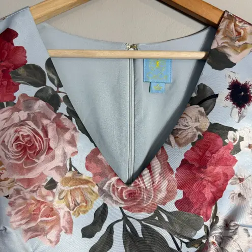 CeCe Sleeveless V-Neck Floral Fit & Flare Mini Dress Women's 14 Blue Satin Party