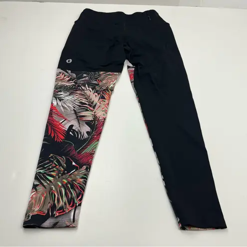 Dona Jo Black Tropical Leaf Print Leggings Women SZ 1 Small Athletic Athleisure Red