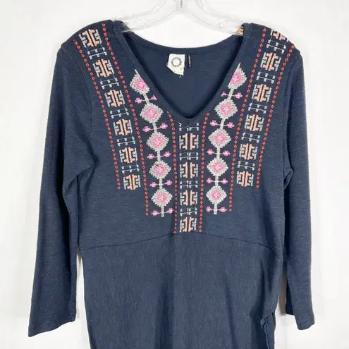 Anthropologie Akemi‎ + Kin Small Dress Embroidered Aztec Blue Tunic Knit Long Sleeve Hi Lo 878